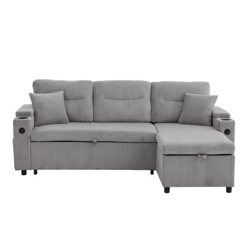 Canapé D'angle Convertible 3 Places En Velours Côtelé Gris Clair, Ports USB Et Coffre Rangements