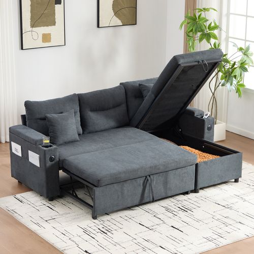 Canapé D'angle 3 Places Convertible Lin Gris Foncé, Ports USB, Coffre Rangements Et Porte-gobelets