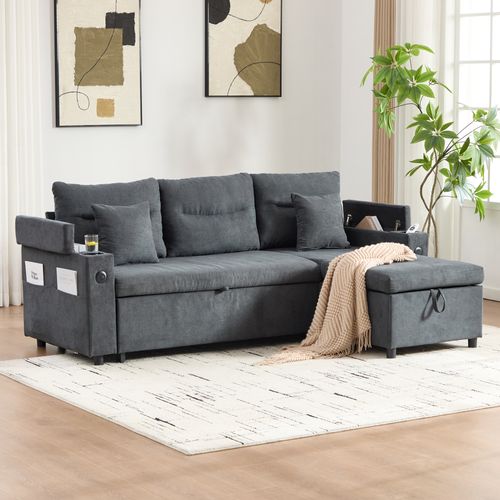 Canapé D'angle 3 Places Convertible Lin Gris Foncé, Ports USB, Coffre Rangements Et Porte-gobelets