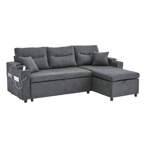 Canapé D'angle 3 Places Convertible Lin Gris Foncé, Ports USB, Coffre Rangements Et Porte-gobelets