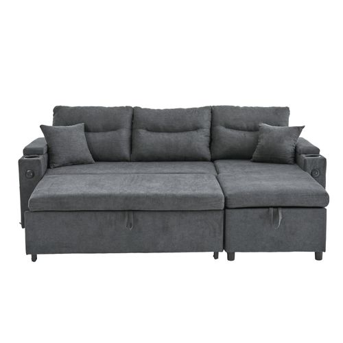 Canapé D'angle 3 Places Convertible Lin Gris Foncé, Ports USB, Coffre Rangements Et Porte-gobelets