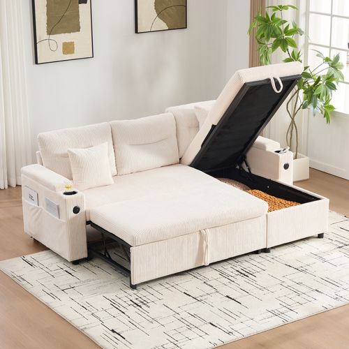 Canapé D'angle Convertible 3 Places En Velours Côtelé Beige, Ports USB Et Coffre Rangements