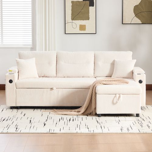 Canapé D'angle Convertible 3 Places En Velours Côtelé Beige, Ports USB Et Coffre Rangements