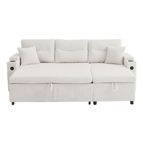 Canapé D'angle Convertible 3 Places En Velours Côtelé Beige, Ports USB Et Coffre Rangements