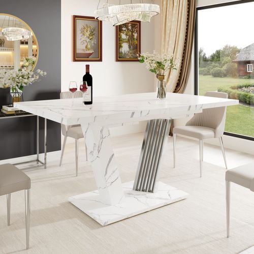 Table à Manger Extensible 120-160 Cm Blanc Et Motif Marbre, Pieds Métal, 4 - 6 Personnes