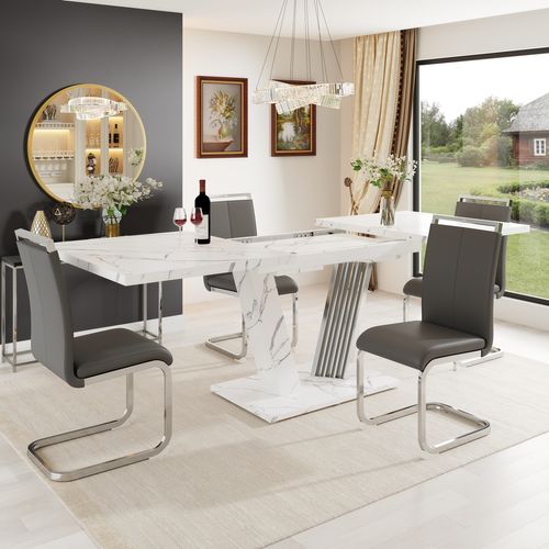 Table à Manger Extensible 120-160 Cm Blanc Et Motif Marbre, Pieds Métal, 4 - 6 Personnes