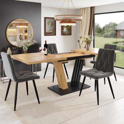 Ensemble Salle à Manger Table Extensible 120/160 Cm Bois Et 4 Chaises Velours Noir