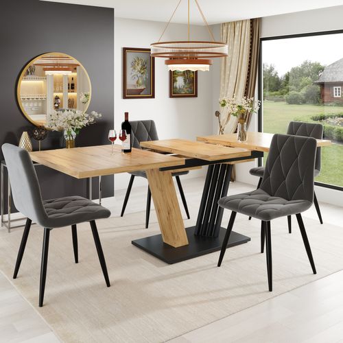 Ensemble Salle à Manger Table Extensible 120/160 Cm Bois Et 4 Chaises Velours Noir