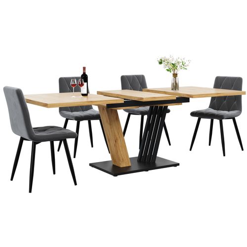 Ensemble Salle à Manger Table Extensible 120/160 Cm Bois Et 4 Chaises Velours Noir