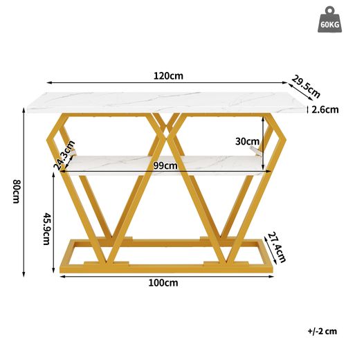 Console, Table D'entrée 120x29,5x80 Cm En Métal Doré Et Plateau Blanc Effet Marbre
