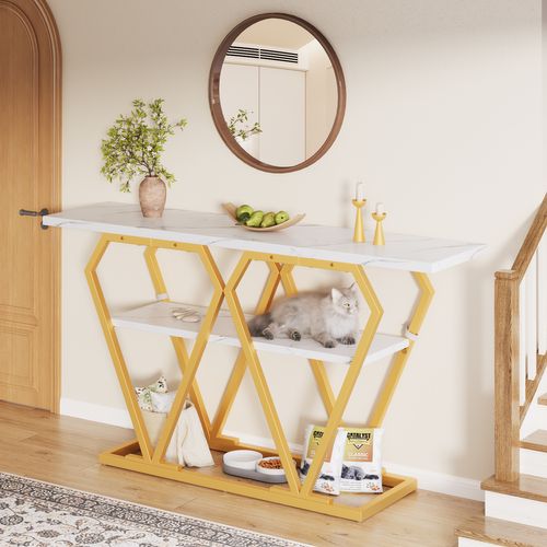 Console, Table D'entrée 120x29,5x80 Cm En Métal Doré Et Plateau Blanc Effet Marbre
