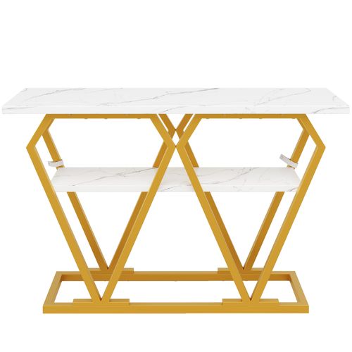 Console, Table D'entrée 120x29,5x80 Cm En Métal Doré Et Plateau Blanc Effet Marbre