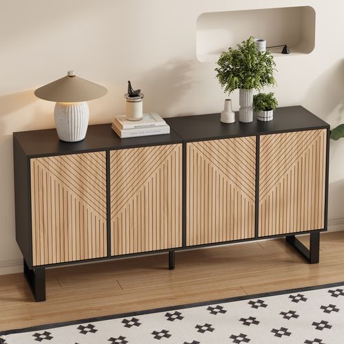 Buffet 160x38x75 Cm Noir Et Effet Bois Naturel, Portes à Rayures 3d, Rangements, Structure Métal