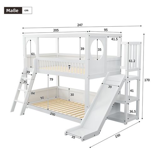 Lit Superposé Enfant 90x200 Cm Avec Toboggan, Étagères Et Rangements, Bois De Pin Blanc