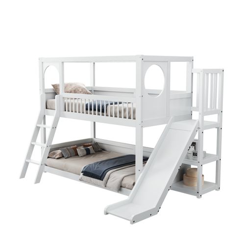 Lit Superposé Enfant 90x200 Cm Avec Toboggan, Étagères Et Rangements, Bois De Pin Blanc