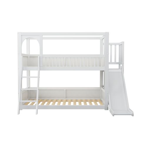 Lit Superposé Enfant 90x200 Cm Avec Toboggan, Étagères Et Rangements, Bois De Pin Blanc