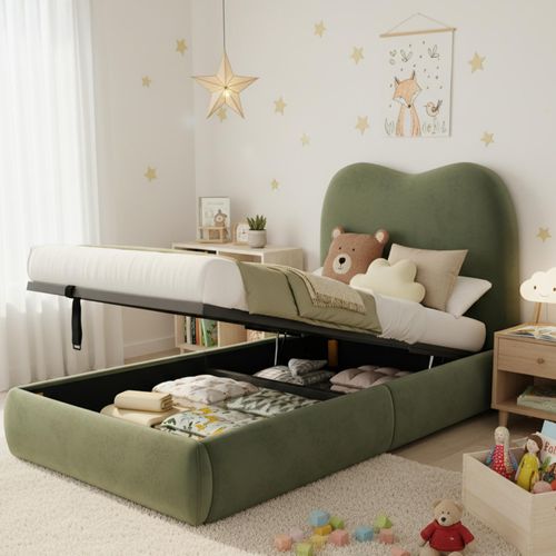 Lit Enfant 90x200 Cm Velours Vert Avec Coffre De Rangement, Sommier à Lattes, Tête De Lit Doux