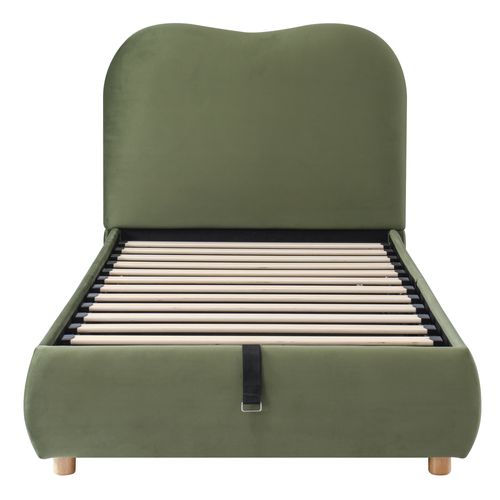 Lit Enfant 90x200 Cm Velours Vert Avec Coffre De Rangement, Sommier à Lattes, Tête De Lit Doux