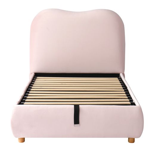 Lit Enfant 90x200 Cm Avec Coffre De Rangements, Tête De Lit Et Sommier à Lattes, Velours Rose