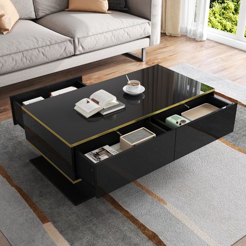 Table Basse Laquée Brillante 100×50×40 Cm Avec LED Et 3 Tiroirs, Noir/doré