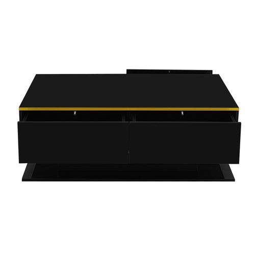 Table Basse Laquée Brillante 100×50×40 Cm Avec LED Et 3 Tiroirs, Noir/doré