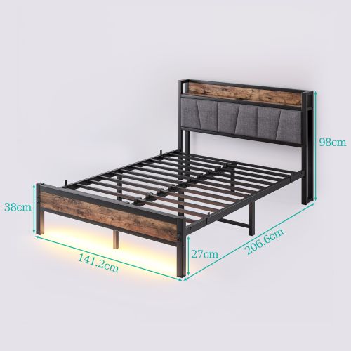 Lit Adulte 140x190 Cm Avec LED, 2 Ports USB + Prise, Métal Brun Antique, Avec Rangement