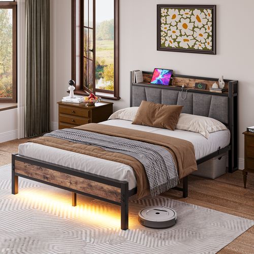 Lit Adulte 140x190 Cm Avec LED, 2 Ports USB + Prise, Métal Brun Antique, Avec Rangement