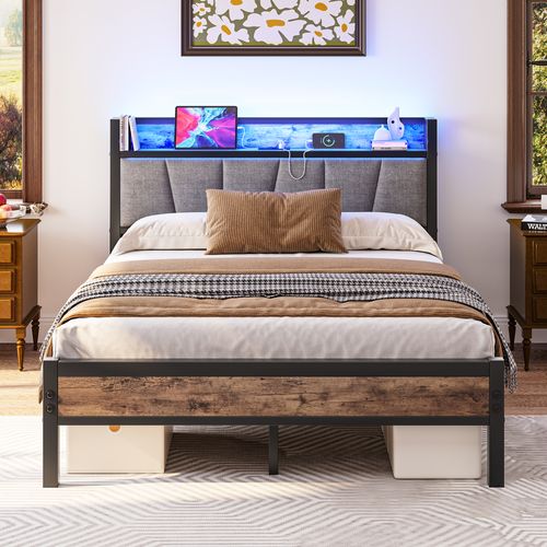 Lit Adulte 140x190 Cm Avec LED, 2 Ports USB + Prise, Métal Brun Antique, Avec Rangement