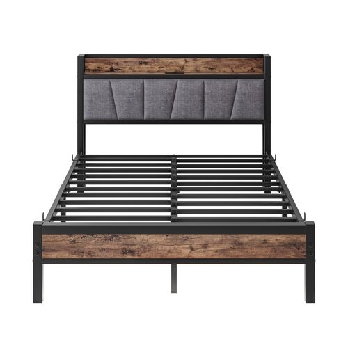 Lit Adulte 140x190 Cm Avec LED, 2 Ports USB + Prise, Métal Brun Antique, Avec Rangement