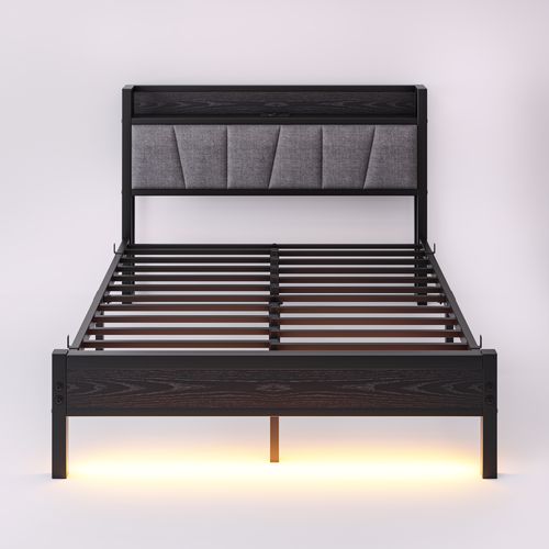 Lit Adulte 140x190 Cm Avec LED, 2 Ports USB + Prise, Métal Brun Antique, Avec Rangement