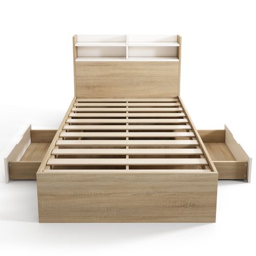 Lit Enfant 90x200 Cm Bois Blanc Et Chêne Avec 2 Tiroirs Et Niches, Sommier à Lattes