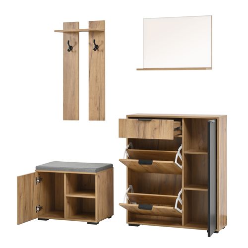 Set 4 Meuble D’entrée Avec Banc à Chaussures, Miroir, Tiroir Et Crochets, Rangement, Naturel Et Noir