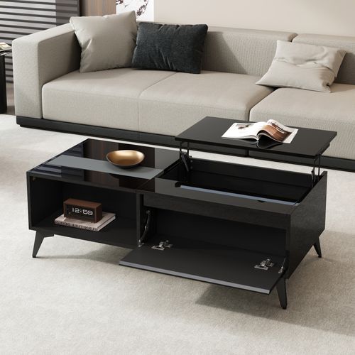 Table Basse Relevable 110x50x48 Cm Noir Brillant, Avec Rangements Et 2 Portes