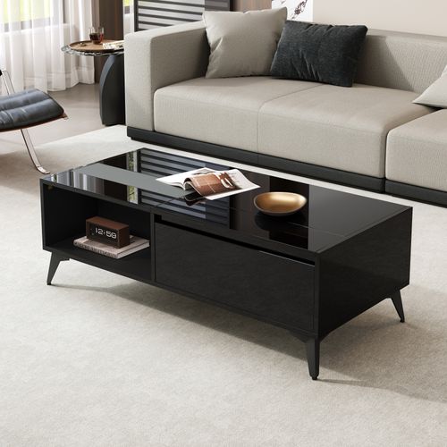 Table Basse Relevable 110x50x48 Cm Noir Brillant, Avec Rangements Et 2 Portes