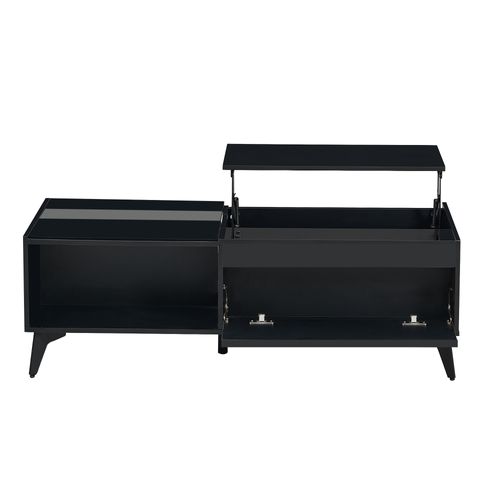 Table Basse Relevable 110x50x48 Cm Noir Brillant, Avec Rangements Et 2 Portes