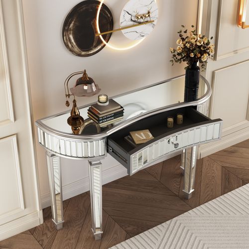 Table Console D'entrée, Coiffeuse 120 Cm Verre à Finition Grise Et Argenté Avec Tiroir