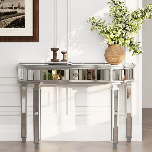 Table Console D'entrée, Coiffeuse 120 Cm Verre à Finition Grise Et Argenté Avec Tiroir