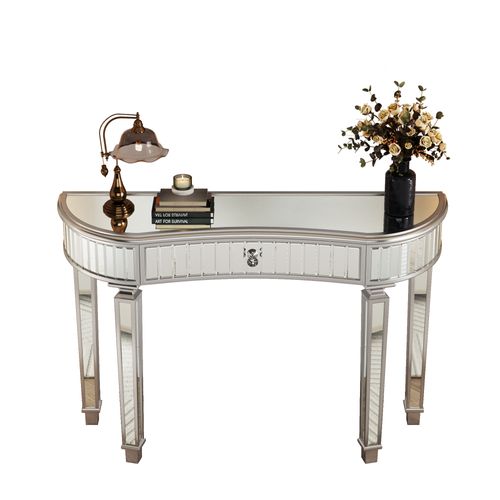 Table Console D'entrée, Coiffeuse 120 Cm Verre à Finition Grise Et Argenté Avec Tiroir