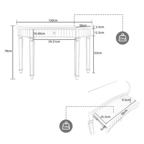Table Console D'entrée, Coiffeuse 120 Cm Verre à Finition Dorée Et Argenté Avec Tiroir