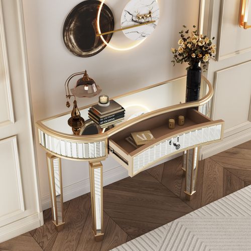 Table Console D'entrée, Coiffeuse 120 Cm Verre à Finition Dorée Et Argenté Avec Tiroir