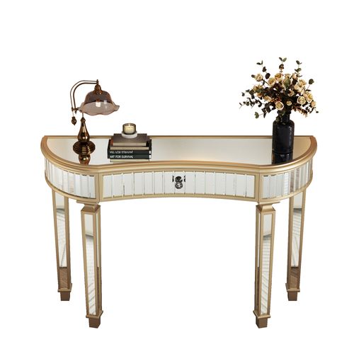 Table Console D'entrée, Coiffeuse 120 Cm Verre à Finition Dorée Et Argenté Avec Tiroir