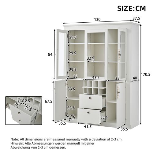 Vitrine LED 130x37,5x170,5 Cm Avec 2 Tiroirs, 4 Portes Et Casiers à Vin, Blanc