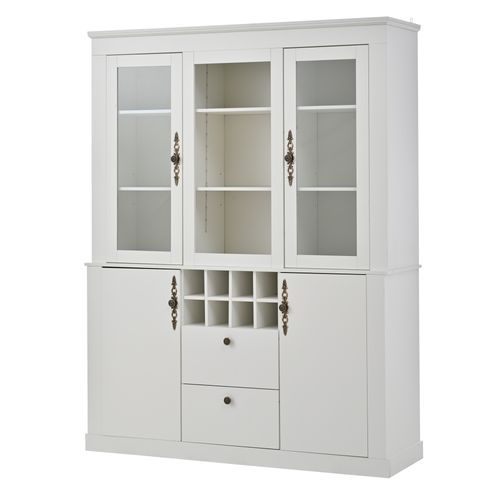 Vitrine LED 130x37,5x170,5 Cm Avec 2 Tiroirs, 4 Portes Et Casiers à Vin, Blanc