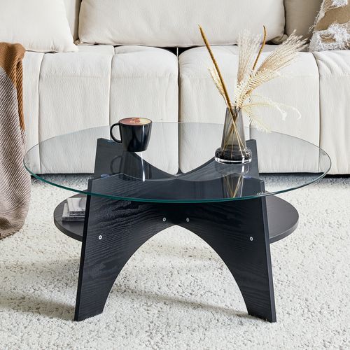 Table Basse Ronde Salon 80x36 Cm, Plateau En Verre Trempé, Pieds Aspect Bois Noir