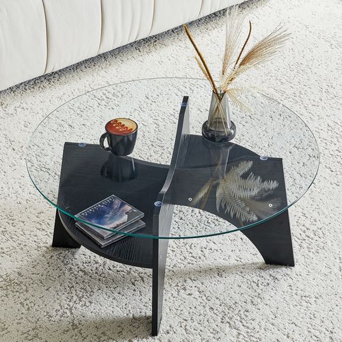 Table Basse Ronde Salon 80x36 Cm, Plateau En Verre Trempé, Pieds Aspect Bois Noir
