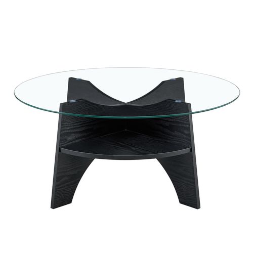 Table Basse Ronde Salon 80x36 Cm, Plateau En Verre Trempé, Pieds Aspect Bois Noir