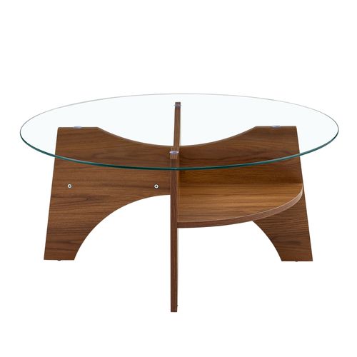 Table Basse Ronde Salon 80x36 Cm, Plateau Verre Trempé, Pieds Effet Bois Noyer