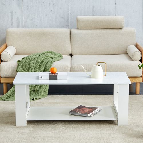 Table Basse 110x55x42 Cm Blanche Aspect Bois, 2 Niveaux De Rangement