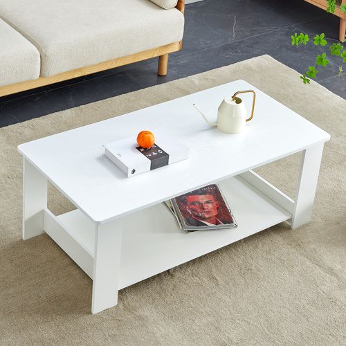Table Basse 110x55x42 Cm Blanche Aspect Bois, 2 Niveaux De Rangement