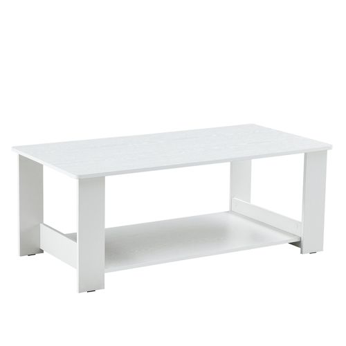 Table Basse 110x55x42 Cm Blanche Aspect Bois, 2 Niveaux De Rangement